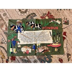 Vintage Recipe Fondue Tea Towel Linen European Kreier Swiss Kitchen Dish NEW